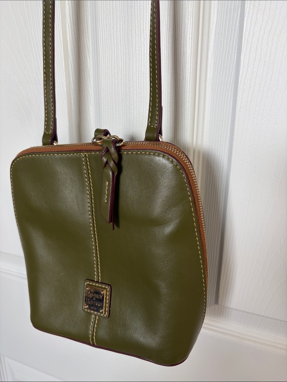 Dooney & Bourke Olive Green Leather Crossbody with Tan Trim